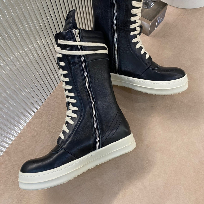 Rick Owens High-top Leather Boots - And Cream T-Shirt - Black Unisex Streetwear Limited Edition - ### Rick Owens High-Top Leather Boots - Black and Cream Introducing the Rick Owens High-Top