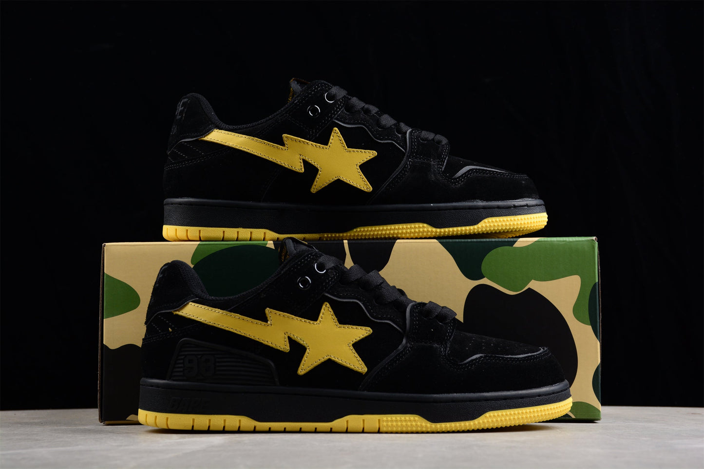 BAPE Sta Low-top Sneakers In And Yellow - Black Unisex Streetwear Limited Edition - **BAPE STA Low-Top Sneakers in Black and Yellow** Elevate your sneaker collection with the BAPE