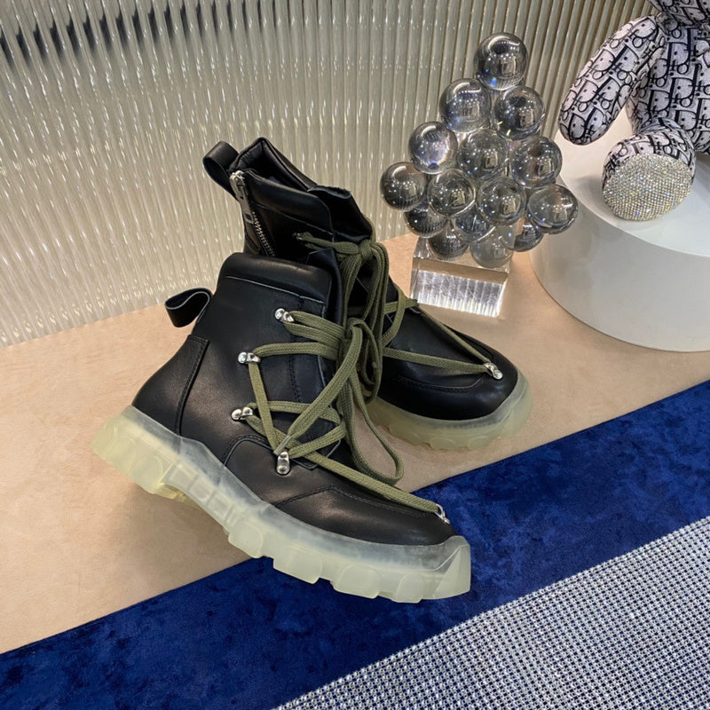 Rick Owens Combat Boots - Leather With Olive Laces And Translucent Sole Jacket - Black Unisex Streetwear Limited Edition - ### Rick Owens Combat Boots - Black Leather with Olive Laces and Translucent