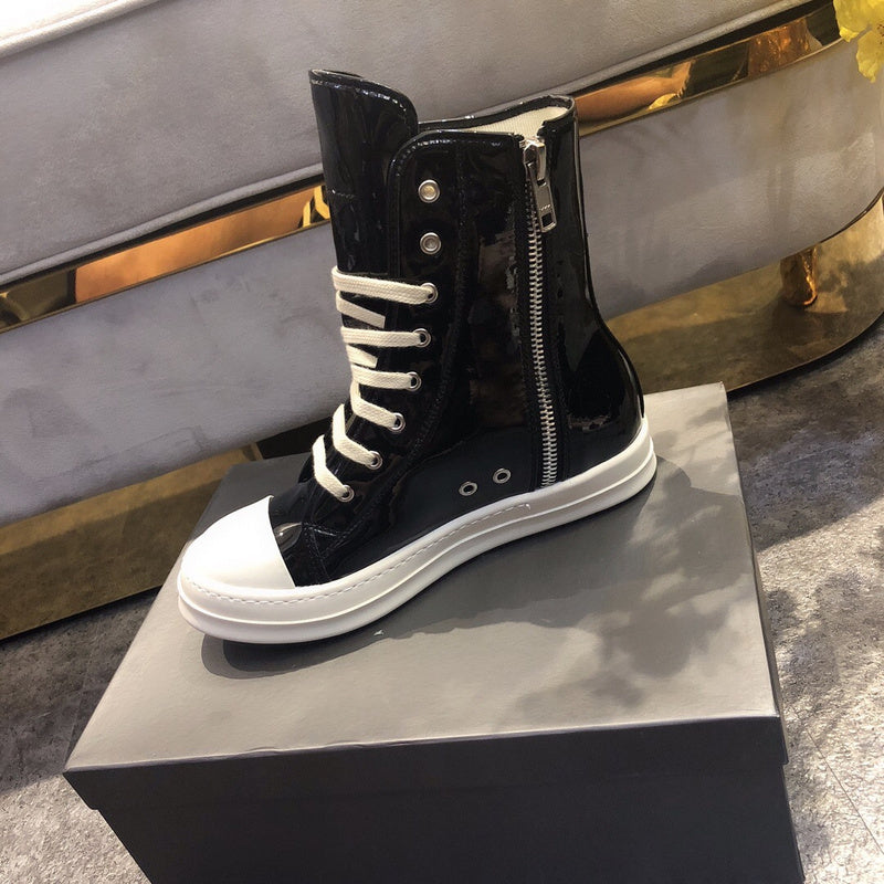 High-Top Patent Leather Sneakers - Black Unisex Streetwear Limited Edition - **High-Top Black Patent Leather Sneakers** Make a bold statement with these high-top black patent leather