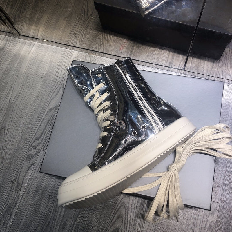 High-Top Metallic Leather Sneakers - White Unisex Streetwear Limited Edition - **High-Top Metallic Leather Sneakers** Step into the future of fashion with these high-top metallic leather