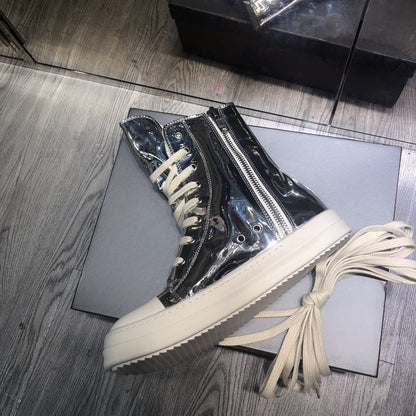 High-Top Metallic Leather Sneakers - White Unisex Streetwear Limited Edition - **High-Top Metallic Leather Sneakers** Step into the future of fashion with these high-top metallic leather