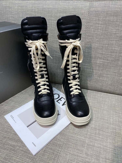 High-Top Leather Lace-up Boots - Black Unisex Streetwear Limited Edition - **High-Top Leather Lace-Up Boots** Introducing a bold addition to your footwear collection, these high-top leather