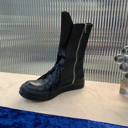 High-Top Leather Lace-up Boots - Black Unisex Streetwear Limited Edition - **High-Top Leather Lace-Up Boots** Introducing the epitome of rugged elegance, these high-top leather lace-up boots