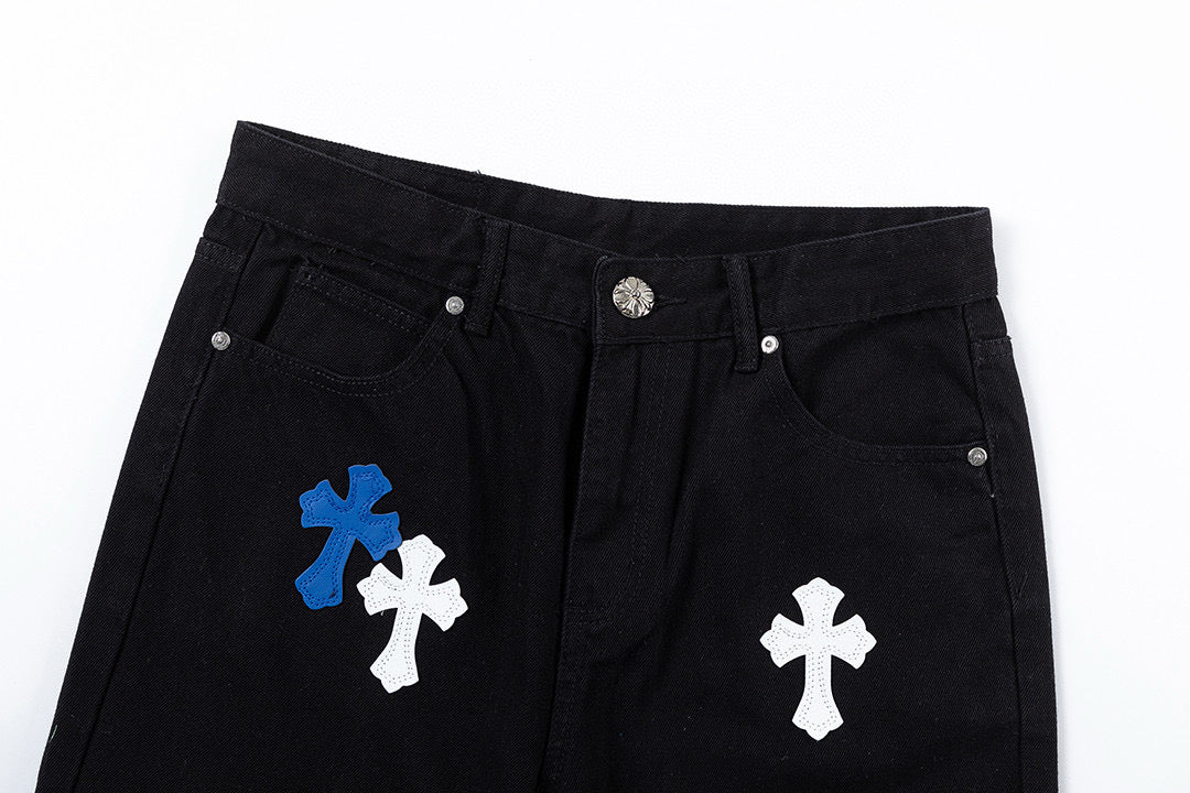 CHROME Hearts Blue Cross Patch Jeans - Black Unisex Streetwear Limited Edition