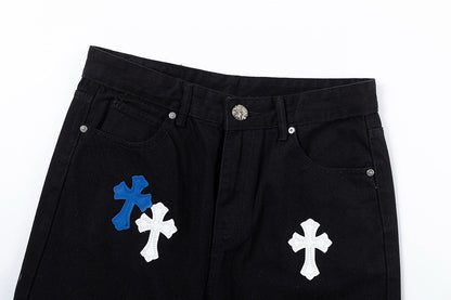 CHROME Hearts Blue Cross Patch Jeans - Black Unisex Streetwear Limited Edition