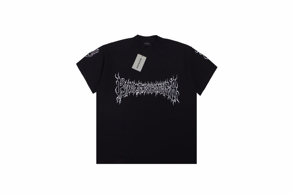 Balenciaga T-shirt With Gothic Flame Logo - Black Unisex Streetwear Limited Edition - <p dir='ltr'><span>Black t-shirt featuring a white Balenciaga logo in a gothic flame font. Unique