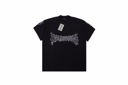 Balenciaga T-shirt With Gothic Flame Logo - Black Unisex Streetwear Limited Edition - <p dir='ltr'><span>Black t-shirt featuring a white Balenciaga logo in a gothic flame font. Unique