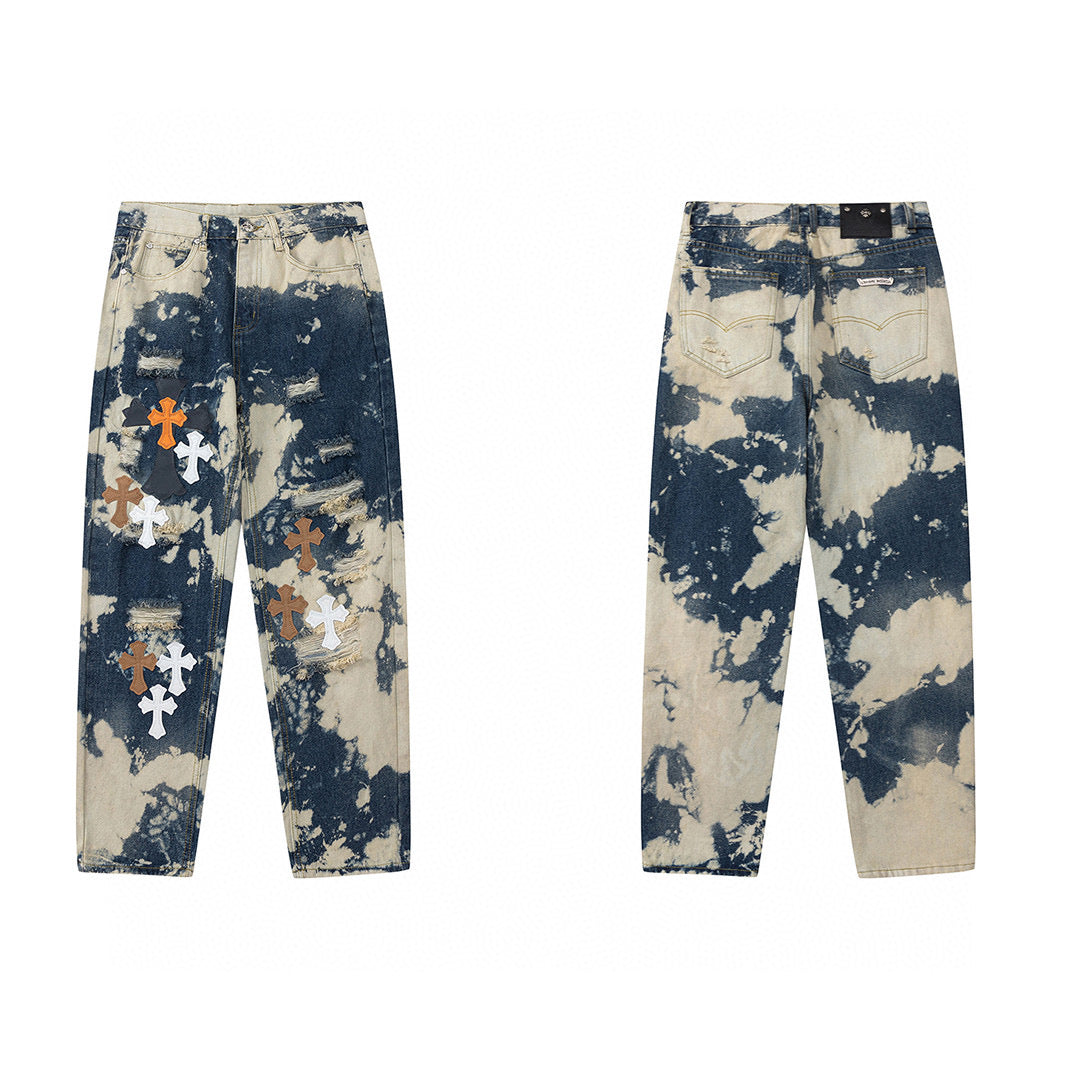 CHROME Hearts Tie Dye Orange Cross Patch Jeans - White Unisex Streetwear Limited Edition