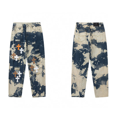 CHROME Hearts Tie Dye Orange Cross Patch Jeans - White Unisex Streetwear Limited Edition