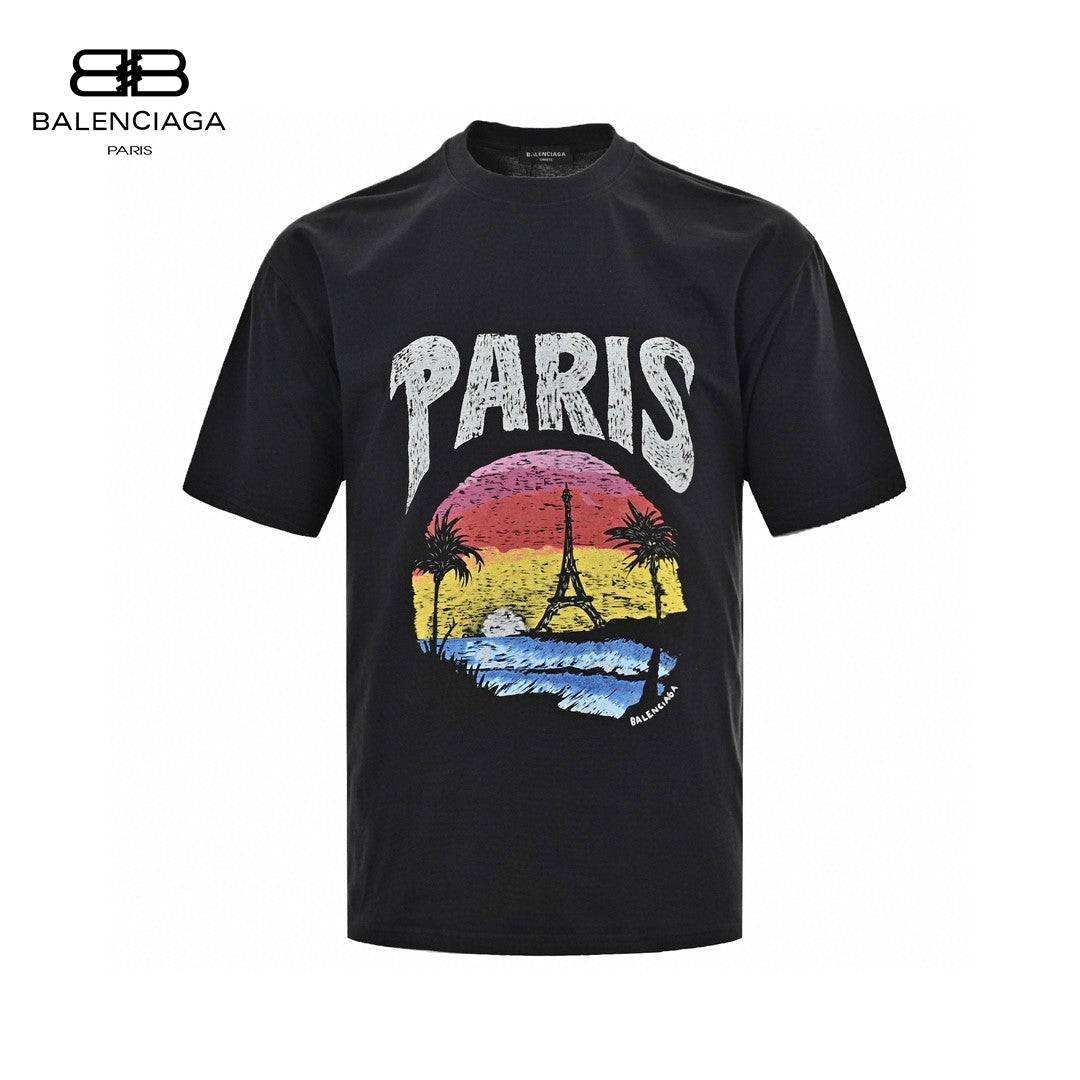 Balenciaga Paris Graphic T-shirt - Black Unisex Streetwear Limited Edition - <span>This Balenciaga t-shirt features a striking graphic design that showcases the iconic Eiffel Tower surrounded