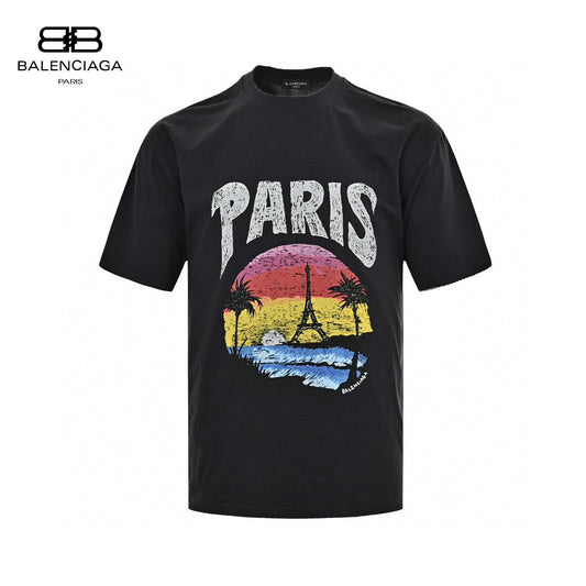 Balenciaga Paris Graphic T-shirt - Black Unisex Streetwear Limited Edition - <span>This Balenciaga t-shirt features a striking graphic design that showcases the iconic Eiffel Tower surrounded