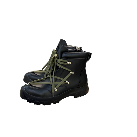 Rick Owens Combat Boots - Leather With Olive Laces Jacket - Black Unisex Streetwear Limited Edition - ### Rick Owens Combat Boots - Black Leather with Olive Laces Introducing the Rick Owens