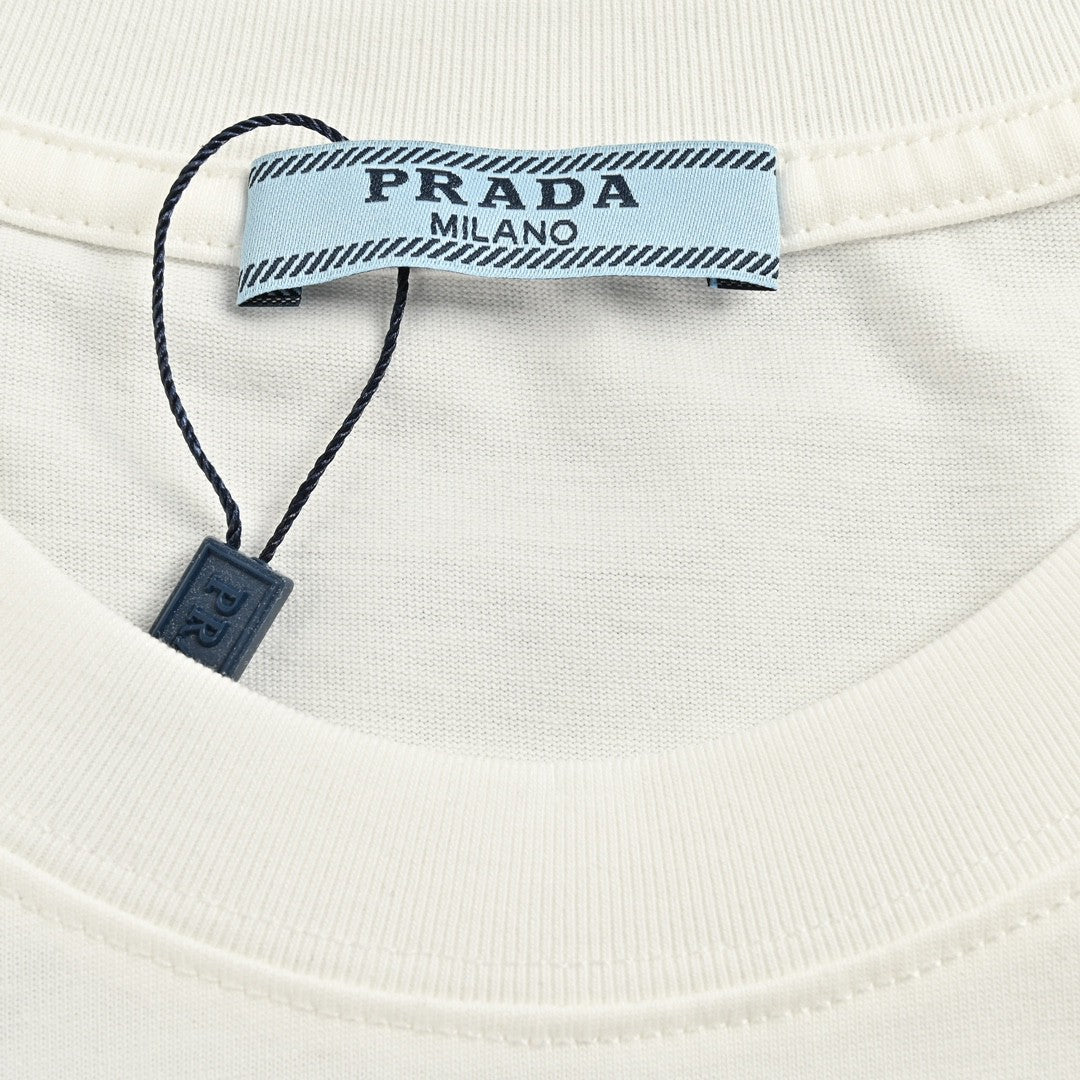 Prada Milano White Emblem T-Shirt - close up - replica sneakers
