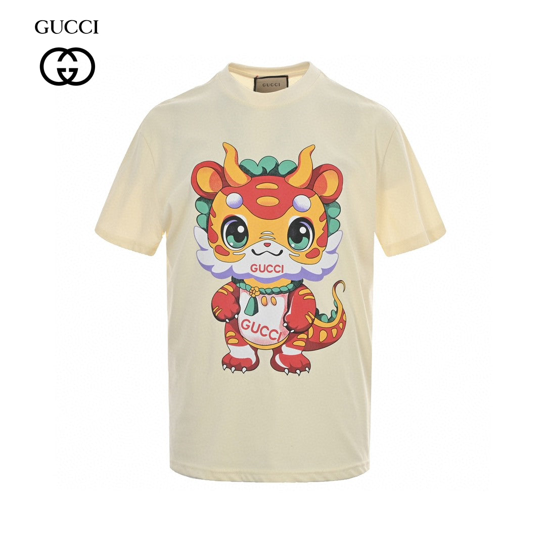 Gucci T-shirt With Dragon Cartoon - Cream Unisex Streetwear Limited Edition - <span>Playful and vibrant. Features a colorful dragon cartoon. Gucci logo on the character. Made from