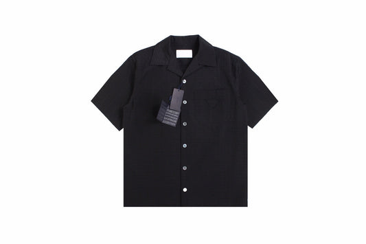 Prada Short-sleeve Button-up Shirt - Black Unisex Streetwear Limited Edition - <p dir='ltr'><span>Black short-sleeve button-up shirt with a subtle checkered pattern. Features a front pocket