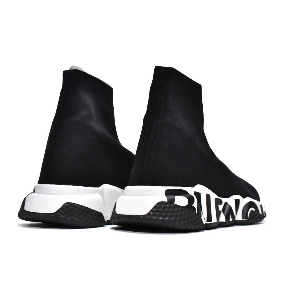 BALENCIAGA Speed Graffiti Trainer - White - Black Unisex Streetwear Limited Edition - The Balenciaga Speed Graffiti Trainers x Black White edition infuses the brand's futuristic silhouette with