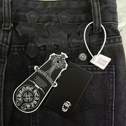 CHROME Hearts White Cross Patch Jeans - Black Unisex Streetwear Limited Edition