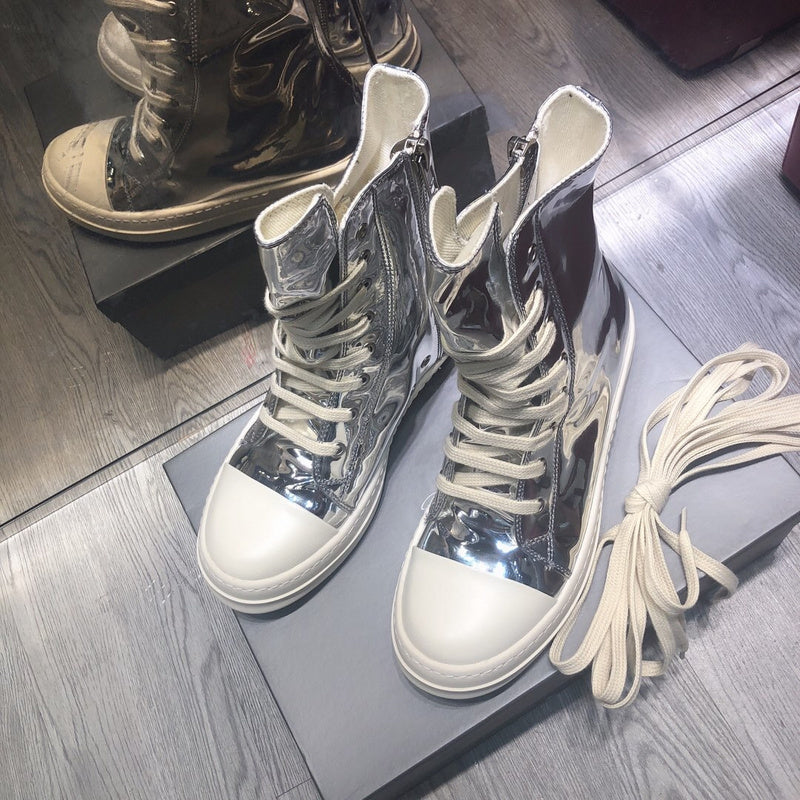 High-Top Metallic Leather Sneakers - White Unisex Streetwear Limited Edition - **High-Top Metallic Leather Sneakers** Step into the future of fashion with these high-top metallic leather