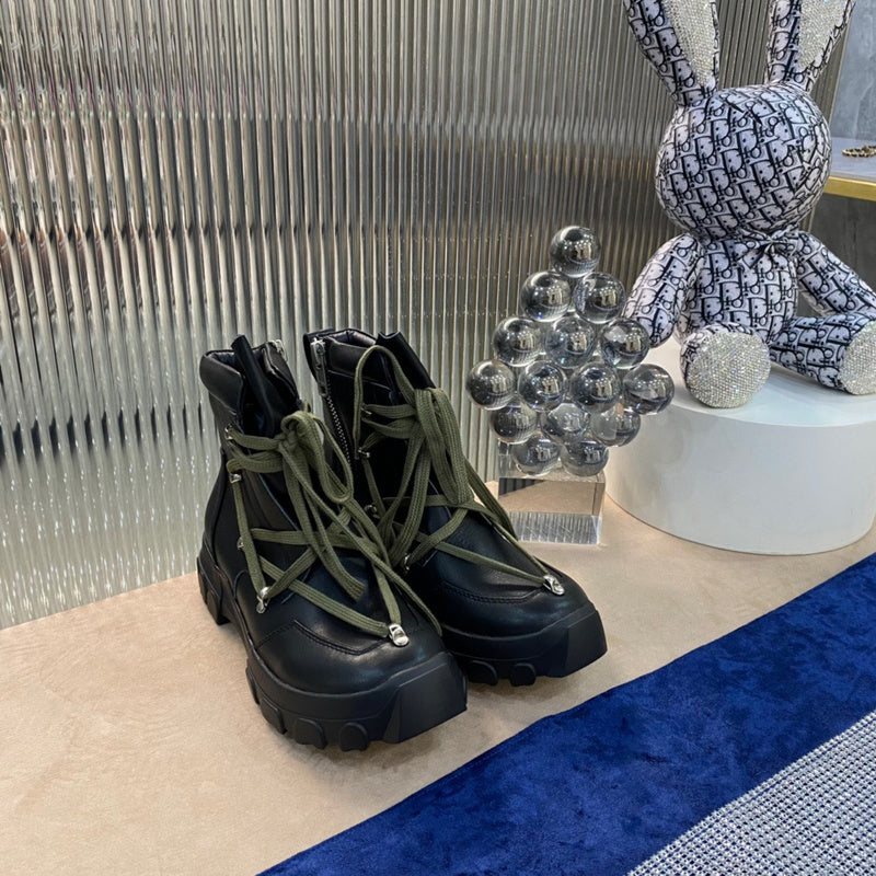 Rick Owens Combat Boots - Leather With Olive Laces Jacket - Black Unisex Streetwear Limited Edition - ### Rick Owens Combat Boots - Black Leather with Olive Laces Introducing the Rick Owens