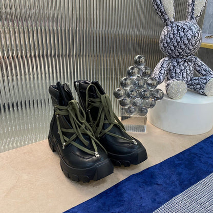 Rick Owens Combat Boots - Leather With Olive Laces Jacket - Black Unisex Streetwear Limited Edition - ### Rick Owens Combat Boots - Black Leather with Olive Laces Introducing the Rick Owens