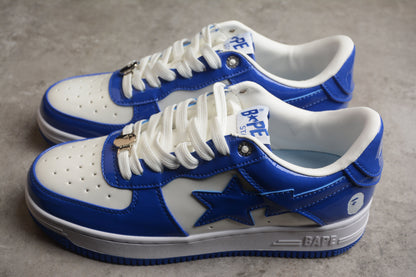 BAPE Sta Low-top Blue And Patent Leather Sneakers - White Unisex Streetwear Limited Edition - **BAPE STA Low-Top Blue and White Patent Leather Sneakers** Unleash your inner trendsetter with the