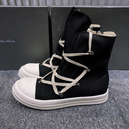 High-Top Canvas Sneakers With Wrap-around Laces - Black Unisex Streetwear Limited Edition - **High-Top Black Canvas Sneakers with Wrap-Around Laces** Elevate your footwear game with these high-top bla