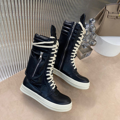 Rick Owens High-top Leather Boots - And Cream T-Shirt - Black Unisex Streetwear Limited Edition - ### Rick Owens High-Top Leather Boots - Black and Cream Introducing the Rick Owens High-Top