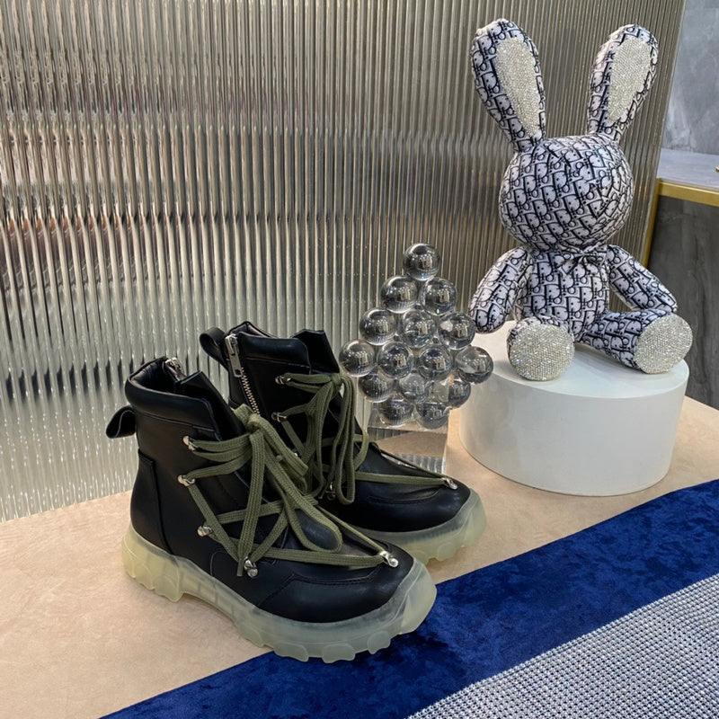 Rick Owens Combat Boots - Leather With Olive Laces And Translucent Sole Jacket - Black Unisex Streetwear Limited Edition - ### Rick Owens Combat Boots - Black Leather with Olive Laces and Translucent