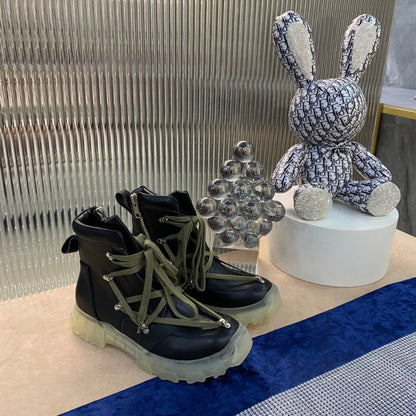 Rick Owens Combat Boots - Leather With Olive Laces And Translucent Sole Jacket - Black Unisex Streetwear Limited Edition - ### Rick Owens Combat Boots - Black Leather with Olive Laces and Translucent
