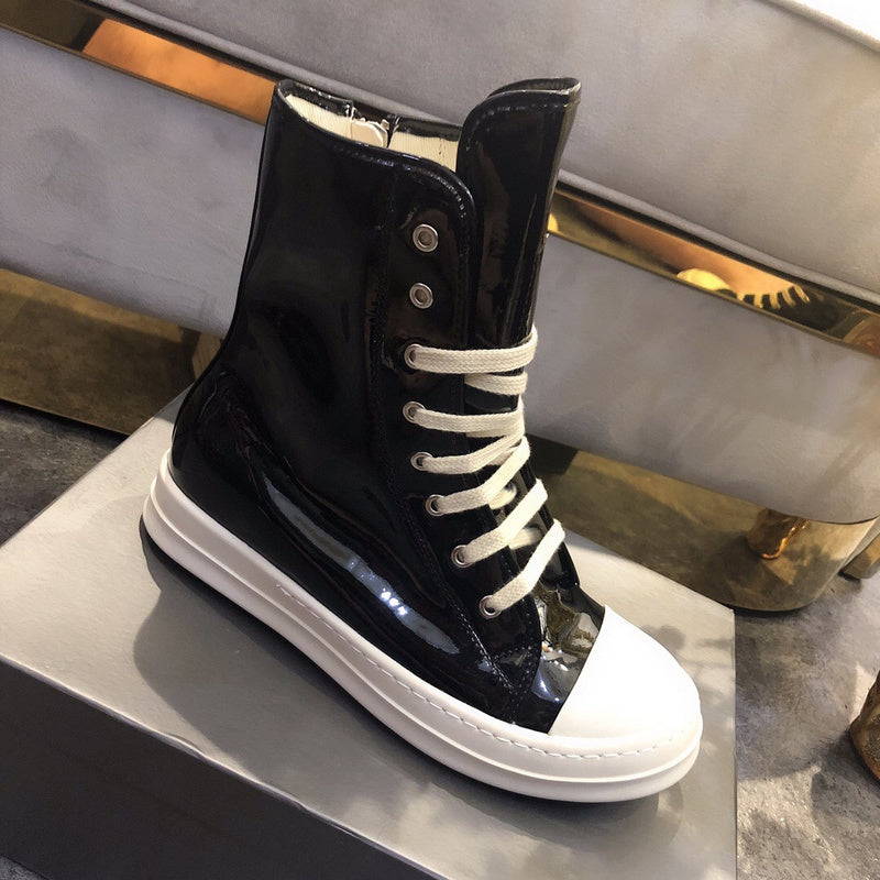 High-Top Patent Leather Sneakers - Black Unisex Streetwear Limited Edition - **High-Top Black Patent Leather Sneakers** Make a bold statement with these high-top black patent leather