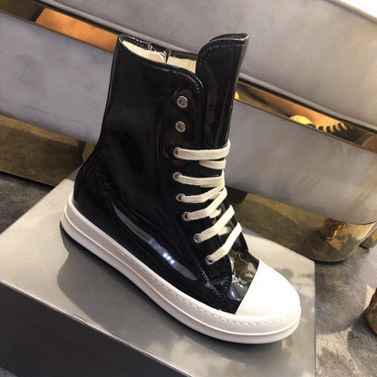 High-Top Patent Leather Sneakers - Black Unisex Streetwear Limited Edition - **High-Top Black Patent Leather Sneakers** Make a bold statement with these high-top black patent leather
