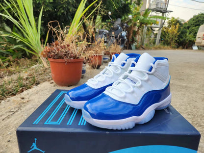 JORDAN 11 Blue And Sneakers - White Unisex Streetwear Limited Edition - The Air Jordan 11 in White and Legend Blue is a refined and timeless sneaker