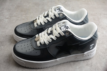 BAPE Sta Patent Leather Low-top Sneakers - Black Unisex Streetwear Limited Edition - **BAPE STA Black Patent Leather Low-Top Sneakers** Step into the world of streetwear with the