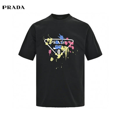 Prada T-shirt - Paint Splatter Logo - Black Unisex Streetwear Limited Edition - <span>This Prada t-shirt features a unique design with the classic Prada Milano logo surrounded by