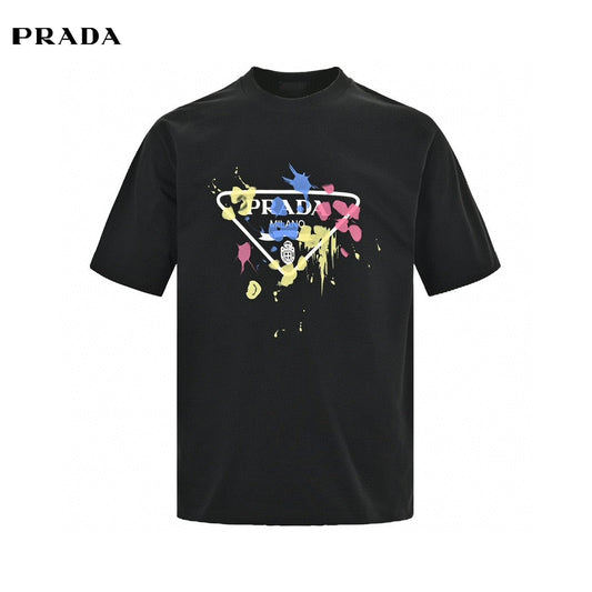 Prada T-shirt - Paint Splatter Logo - Black Unisex Streetwear Limited Edition - <span>This Prada t-shirt features a unique design with the classic Prada Milano logo surrounded by