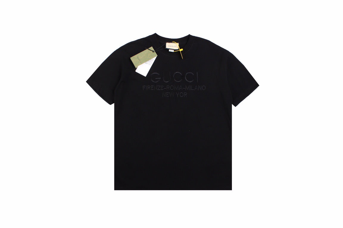 Gucci T-shirt With Embroidered Cities Unisex Streetwear Limited Edition - <p dir='ltr'><span>Black t-shirt featuring subtle embroidered text with the cities 'FIRENZE-ROMA-MILANO-NEW YORK' under the