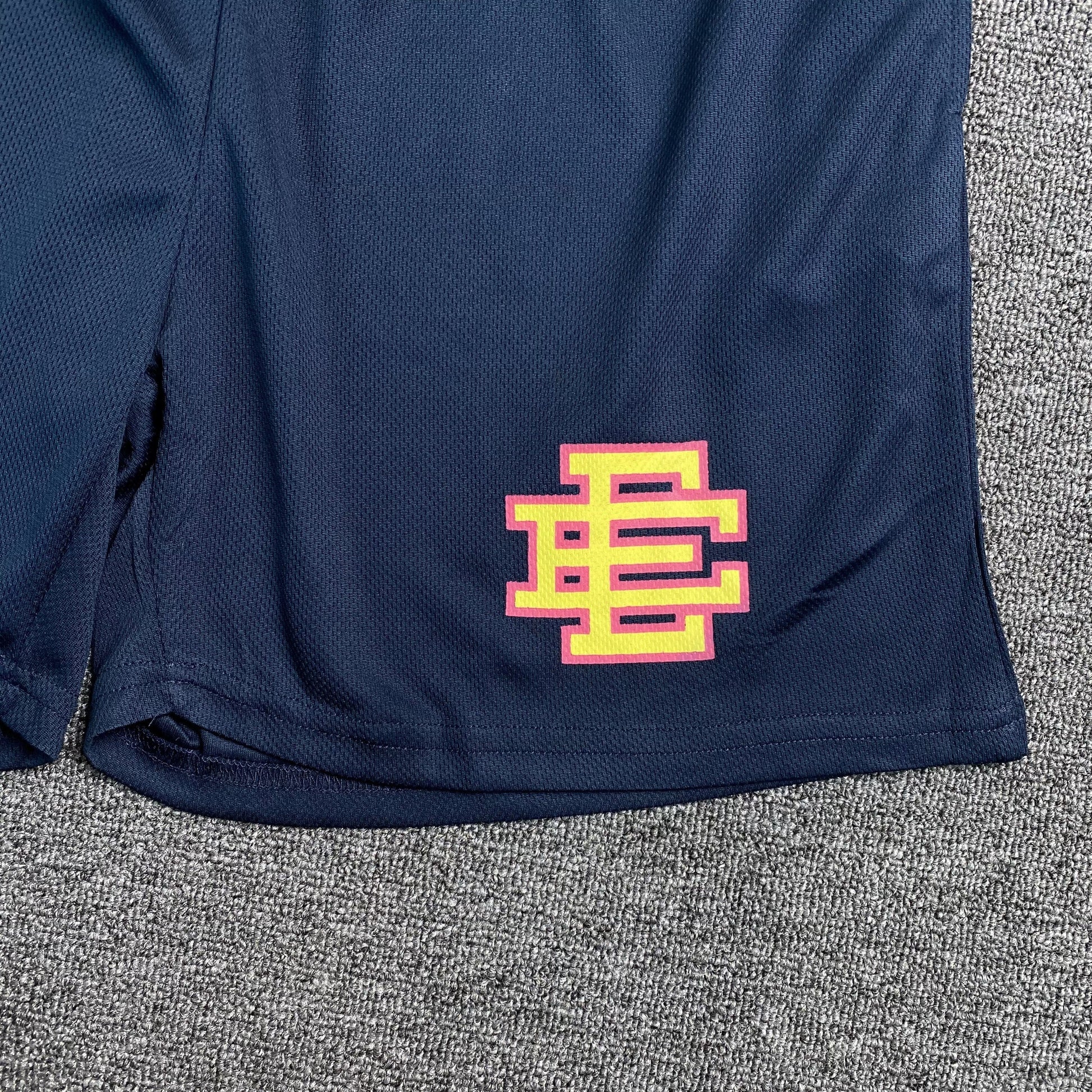 ERIC Emanuel Ee Basic Shorts Navy - Mauve - - Yellow Unisex Streetwear Limited Edition - The ERIC EMMANUEL EE BASIC SHORTS NAVY/MAUVE/YELLOW - REPLICA fuse luxury streetwear aesthetics with premium