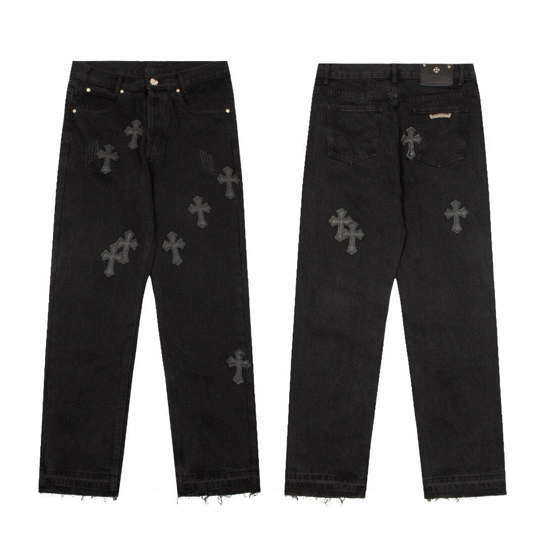 CHROME Hearts Cross Patch Jeans - Black Unisex Streetwear Limited Edition