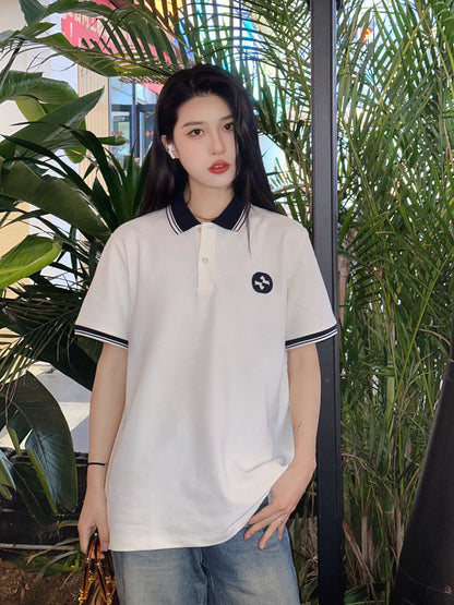 Prada Logo Patch Polo Shirt - Red Unisex Streetwear Limited Edition - <span>This Prada polo shirt features a sleek navy design with understated elegance. The shirt is