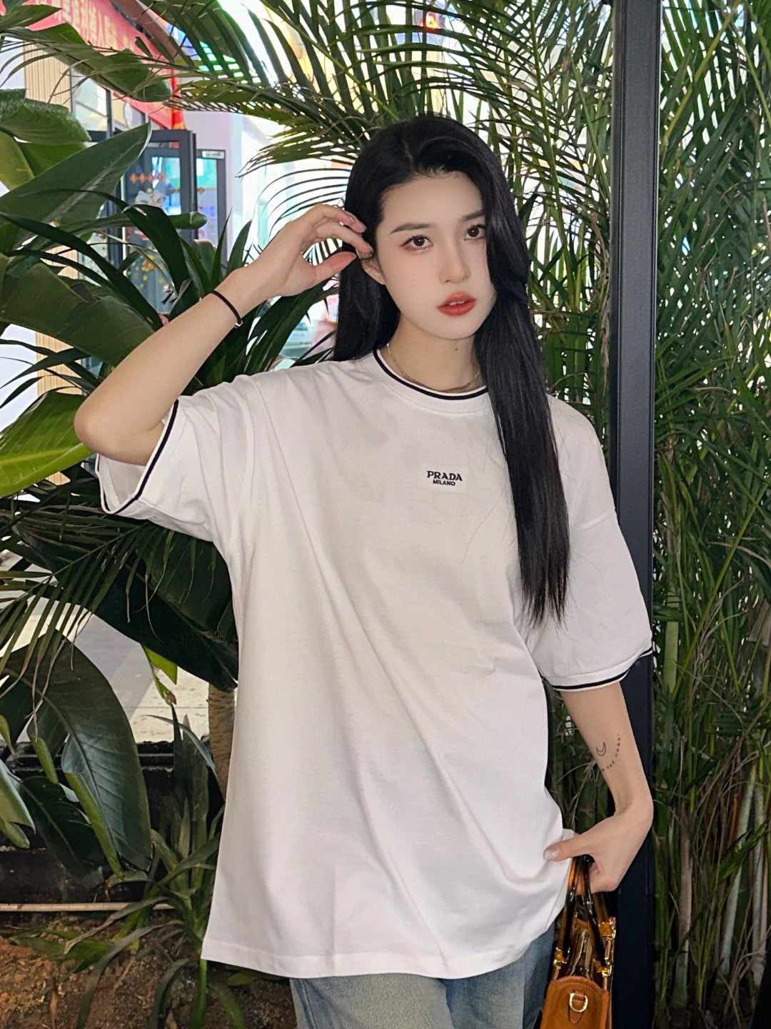 Prada Milano White T-Shirt - close up - replica sneakers