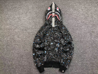 BAPE Space Camo Double Shark Full Zip Hoodie - Black Unisex Streetwear Limited Edition