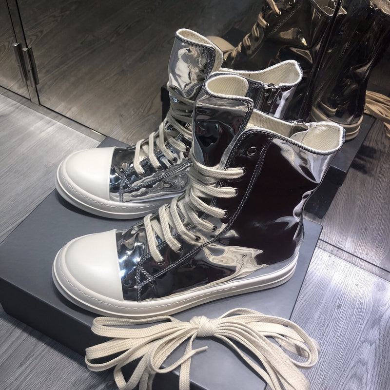 High-Top Metallic Leather Sneakers - White Unisex Streetwear Limited Edition - **High-Top Metallic Leather Sneakers** Step into the future of fashion with these high-top metallic leather