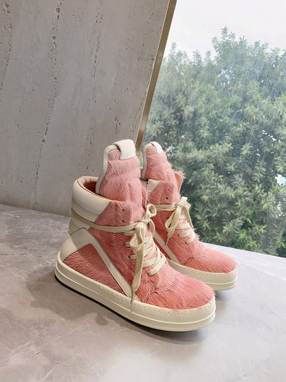 Rick Owens Geobasket Sneakers - Pony Hair - Pink Unisex Streetwear Limited Edition - ### Rick Owens Geobasket Sneakers - Pink Pony Hair Introducing the Rick Owens Geobasket Sneakers