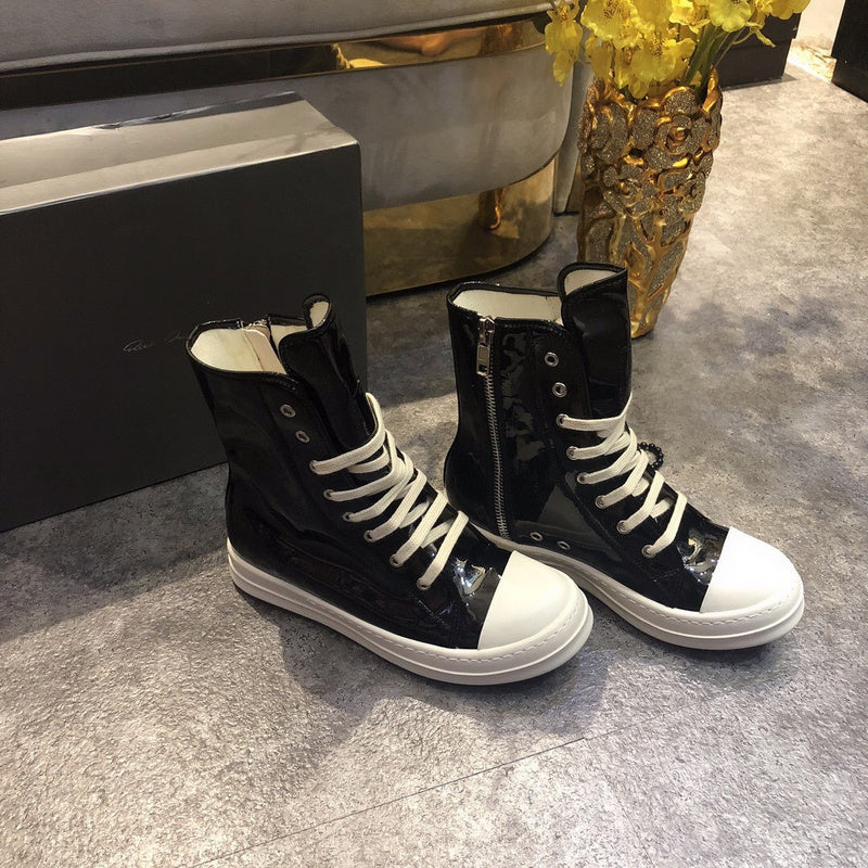 High-Top Patent Leather Sneakers - Black Unisex Streetwear Limited Edition - **High-Top Black Patent Leather Sneakers** Make a bold statement with these high-top black patent leather