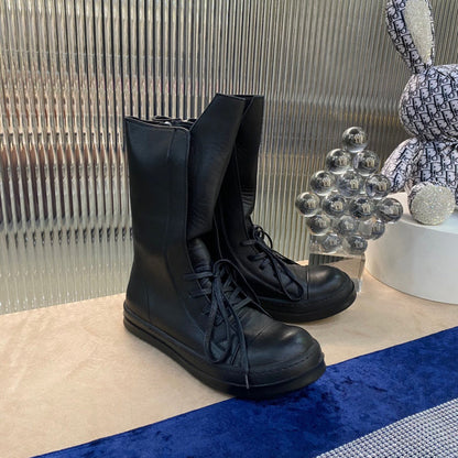 High-Top Leather Lace-up Boots - Black Unisex Streetwear Limited Edition - **High-Top Leather Lace-Up Boots** Introducing the epitome of rugged elegance, these high-top leather lace-up boots