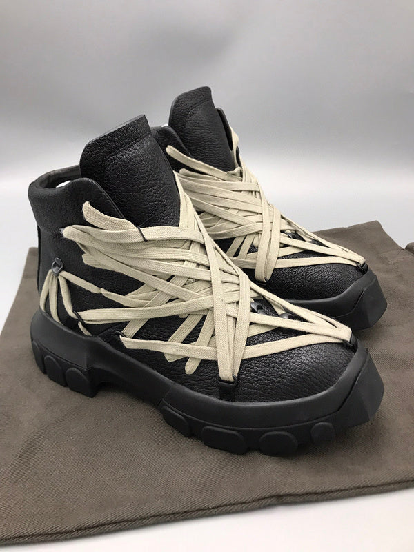 Rick Owens High-top Sneakers With Beige Straps - Black Unisex Streetwear Limited Edition - **Rick Owens Black High-Top Sneakers with Beige Straps: Avant-Garde Design and Superior Craftsmanship** Intro