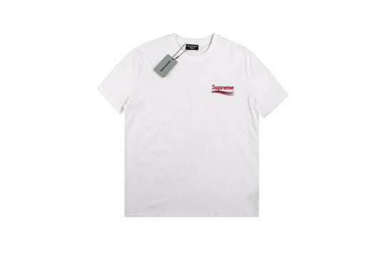 Balenciaga Supreme T-shirt (white) Unisex Streetwear Limited Edition - <span>White t-shirt featuring a small 'Supreme' logo with a wavy underline design on the front.