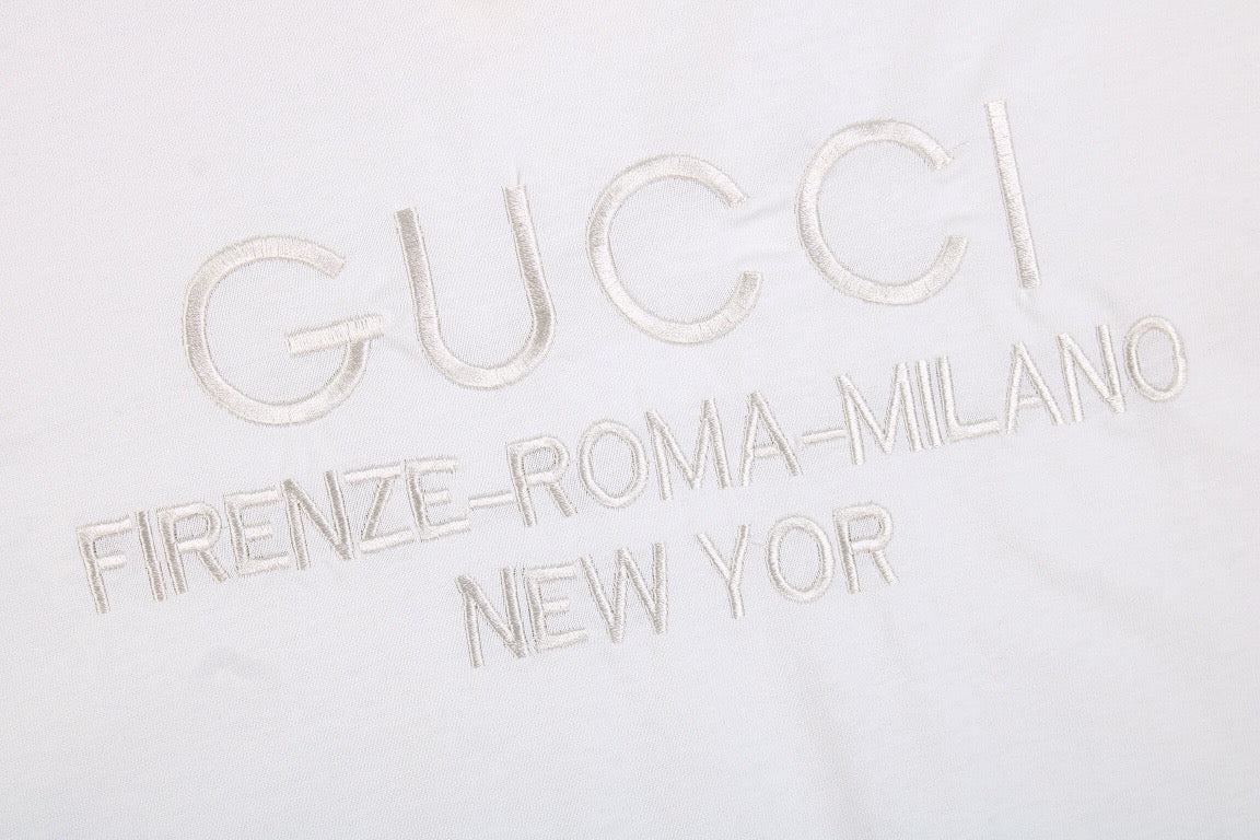 Gucci T-shirt With Embroidered Cities Unisex Streetwear Limited Edition - <p dir='ltr'><span>White t-shirt featuring subtle embroidered text with the cities 'FIRENZE-ROMA-MILANO-NEW YORK' under the