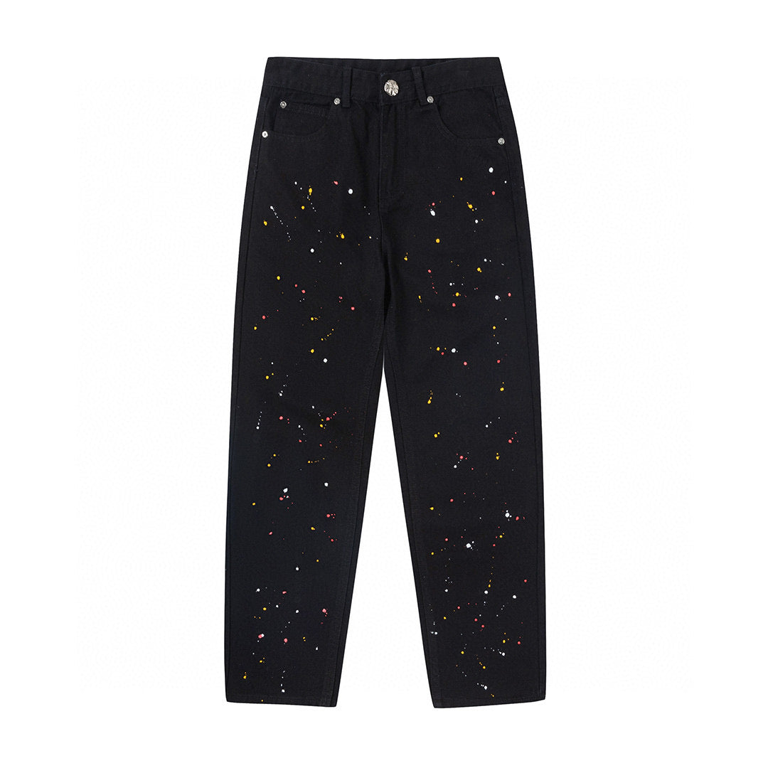 CHROME Hearts Paint Drip Yellow Cross Patch Jeans - Black Unisex Streetwear Limited Edition